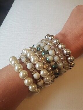 White Pearl & Silver Bead Stretch Bracelet Stack - Costume Jewellery